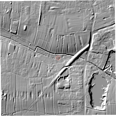 Shaded relief map of the ground around PR45YD, computed from Environment Agency LiDAR. The ground here sits at about 9 m above sea level and falls 12 m across the surrounding 800 m. Surface water reaching this point runs off ground lying to the south-east, 7.5 m higher.