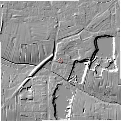 Shaded relief map of the ground around PR45ZB, computed from Environment Agency LiDAR. The ground here sits at about 13 m above sea level and falls 10 m across the surrounding 800 m. Surface water reaching this point runs off ground lying to the north, 1.8 m higher.