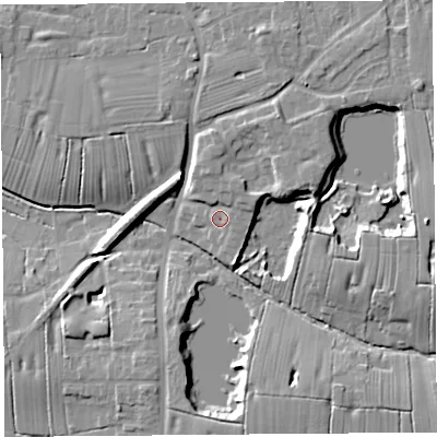 Shaded relief map of the ground around PR45ZY, computed from Environment Agency LiDAR. The ground here sits at about 12 m above sea level and falls 11 m across the surrounding 800 m. Surface water reaching this point runs off ground lying to the north-east, 2.3 m higher.