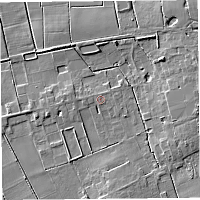 Shaded relief map of the ground around PR46AE, computed from Environment Agency LiDAR. The ground here sits at about 9 m above sea level and falls 8 m across the surrounding 800 m. The ground contributing surface water to this point lies to the south-south-east.