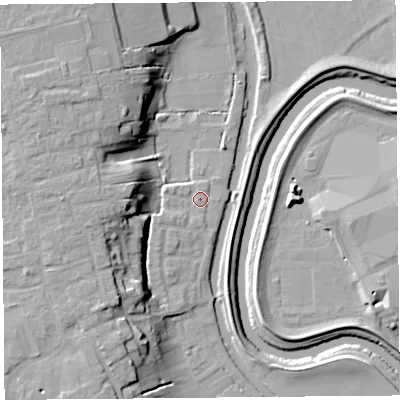 Shaded relief map of the ground around PR46ES, computed from Environment Agency LiDAR. The ground here sits at about 6 m above sea level and falls 16 m across the surrounding 800 m. Surface water reaching this point runs off ground lying to the west-south-west, 1.6 m higher.