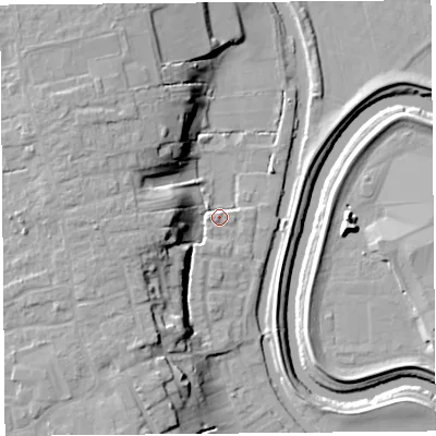 Shaded relief map of the ground around PR46ET, computed from Environment Agency LiDAR. The ground here sits at about 7 m above sea level and falls 16 m across the surrounding 800 m. Surface water reaching this point runs off ground lying to the west, 13.2 m higher.