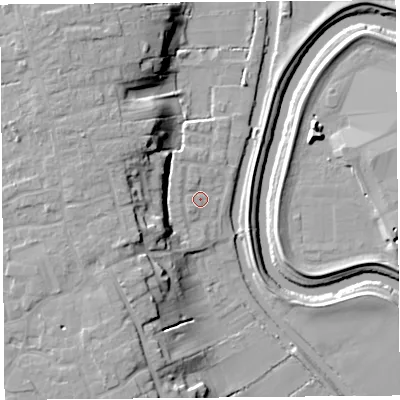 Shaded relief map of the ground around PR46EU, computed from Environment Agency LiDAR. The ground here sits at about 7 m above sea level and falls 16 m across the surrounding 800 m. Surface water reaching this point runs off ground lying to the west, 1.5 m higher.