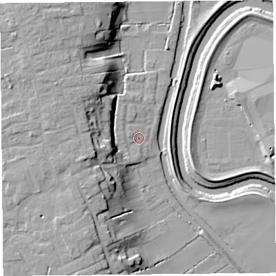 Shaded relief map of the ground around PR46EW, computed from Environment Agency LiDAR. The ground here sits at about 6 m above sea level and falls 16 m across the surrounding 800 m. Surface water reaching this point runs off ground lying to the west-south-west, 11.4 m higher.