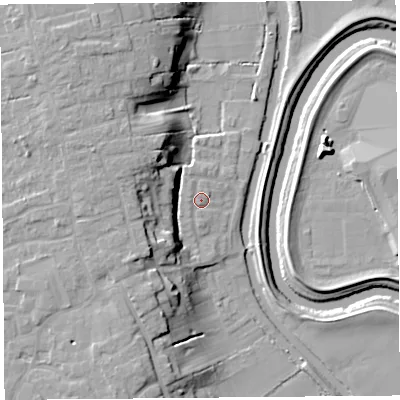 Shaded relief map of the ground around PR46EX, computed from Environment Agency LiDAR. The ground here sits at about 7 m above sea level and falls 16 m across the surrounding 800 m. Surface water reaching this point runs off ground lying to the south-west, 1.2 m higher.