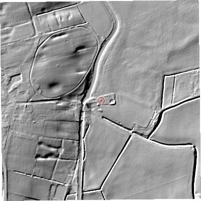 Shaded relief map of the ground around PR46FS, computed from Environment Agency LiDAR. The ground here sits at about 5 m above sea level and falls 13 m across the surrounding 800 m. The ground contributing surface water to this point lies to the north-east.