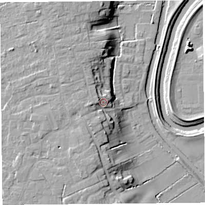 Shaded relief map of the ground around PR46HB, computed from Environment Agency LiDAR. The ground here sits at about 14 m above sea level and falls 16 m across the surrounding 800 m. Surface water reaching this point runs off ground lying to the west, 4.6 m higher.