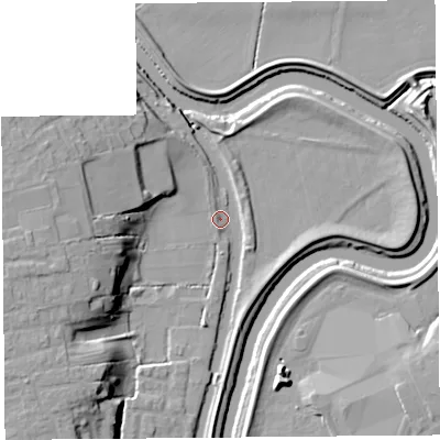 Shaded relief map of the ground around PR46HD, computed from Environment Agency LiDAR. The ground here sits at about 5 m above sea level and falls 16 m across the surrounding 800 m. Surface water reaching this point runs off ground lying to the west, 14.1 m higher.