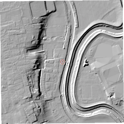 Shaded relief map of the ground around PR46HE, computed from Environment Agency LiDAR. The ground here sits at about 6 m above sea level and falls 16 m across the surrounding 800 m. Surface water reaching this point runs off ground lying to the south-west, 13.3 m higher.