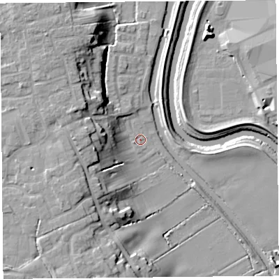 Shaded relief map of the ground around PR46HG, computed from Environment Agency LiDAR. The ground here sits at about 6 m above sea level and falls 16 m across the surrounding 800 m. Surface water reaching this point runs off ground lying to the west, 11.5 m higher.