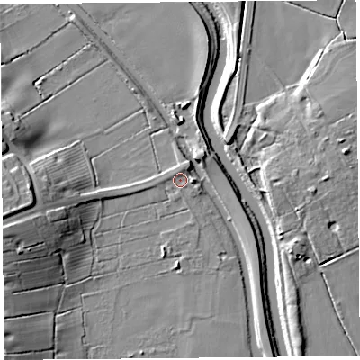 Shaded relief map of the ground around PR46HJ, computed from Environment Agency LiDAR. The ground here sits at about 6 m above sea level and falls 14 m across the surrounding 800 m. Surface water reaching this point runs off ground lying to the north-north-east, 1.9 m higher.