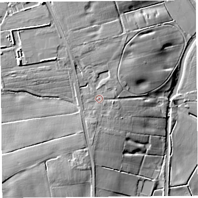 Shaded relief map of the ground around PR46HR, computed from Environment Agency LiDAR. The ground here sits at about 13 m above sea level and falls 14 m across the surrounding 800 m. Surface water reaching this point runs off ground lying to the north-north-west, 2.6 m higher.