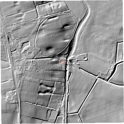 Shaded relief map of the ground around PR46HS, computed from Environment Agency LiDAR. The ground here sits at about 7 m above sea level and falls 13 m across the surrounding 800 m. Surface water reaching this point runs off ground lying to the north-west, 8.3 m higher.