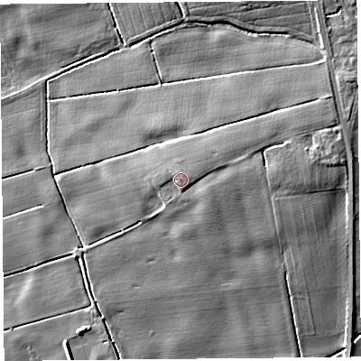 Shaded relief map of the ground around PR46HT, computed from Environment Agency LiDAR. The ground here sits at about 10 m above sea level and falls 9 m across the surrounding 800 m. Surface water reaching this point runs off ground lying to the north-north-east, 1.4 m higher.