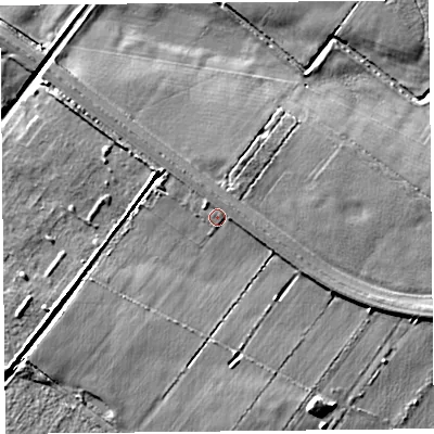 Shaded relief map of the ground around PR46JA, computed from Environment Agency LiDAR. The ground here sits at about 4 m above sea level and falls 5 m across the surrounding 800 m. Surface water reaching this point runs off ground lying to the east-north-east, 1.6 m higher.