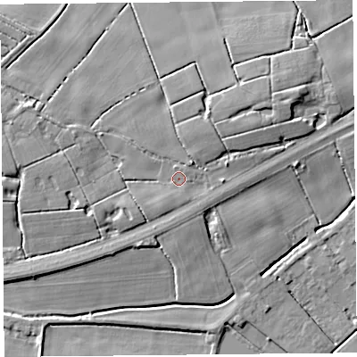 Shaded relief map of the ground around PR46JL, computed from Environment Agency LiDAR. The ground here sits at about 7 m above sea level and falls 7 m across the surrounding 800 m. Surface water reaching this point runs off ground lying to the west-north-west, 2.3 m higher.