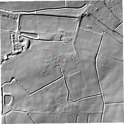 Shaded relief map of the ground around PR46JN, computed from Environment Agency LiDAR. The ground here sits at about 7 m above sea level and falls 11 m across the surrounding 800 m. Surface water reaching this point runs off ground lying to the west-south-west, 2.3 m higher.