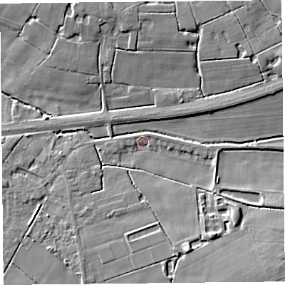 Shaded relief map of the ground around PR46JP, computed from Environment Agency LiDAR. The ground here sits at about 4 m above sea level and falls 8 m across the surrounding 800 m. Surface water reaching this point runs off ground lying to the south-south-east, 4.8 m higher.