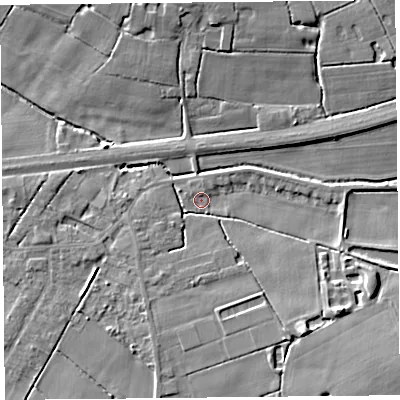 Shaded relief map of the ground around PR46JW, computed from Environment Agency LiDAR. The ground here sits at about 4 m above sea level and falls 8 m across the surrounding 800 m. Surface water reaching this point runs off ground lying to the south-south-east, 4.8 m higher.