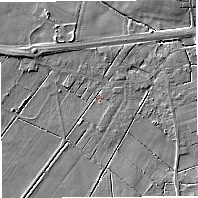 Shaded relief map of the ground around PR46JX, computed from Environment Agency LiDAR. The ground here sits at about 4 m above sea level and falls 6 m across the surrounding 800 m. Surface water reaching this point runs off ground lying to the east-north-east, 2.0 m higher.