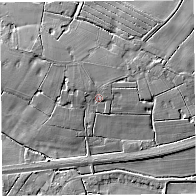 Shaded relief map of the ground around PR46LB, computed from Environment Agency LiDAR. The ground here sits at about 8 m above sea level and falls 8 m across the surrounding 800 m. Surface water reaching this point runs off ground lying to the north-north-west, 2.0 m higher.