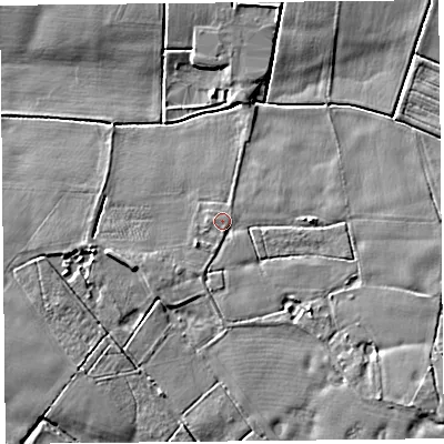 Shaded relief map of the ground around PR46LD, computed from Environment Agency LiDAR. The ground here sits at about 6 m above sea level and falls 8 m across the surrounding 800 m. Surface water reaching this point runs off ground lying to the south-east, 4.8 m higher.