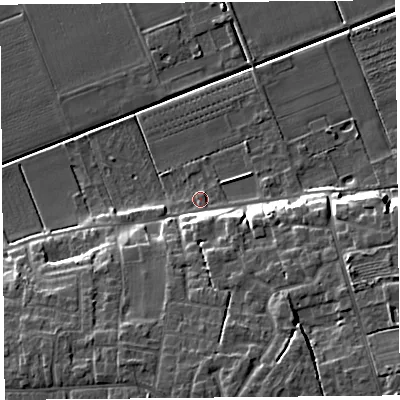 Shaded relief map of the ground around PR46RB, computed from Environment Agency LiDAR. The ground here sits at about 5 m above sea level and falls 12 m across the surrounding 800 m. Surface water reaching this point runs off ground lying to the south, 5.6 m higher.
