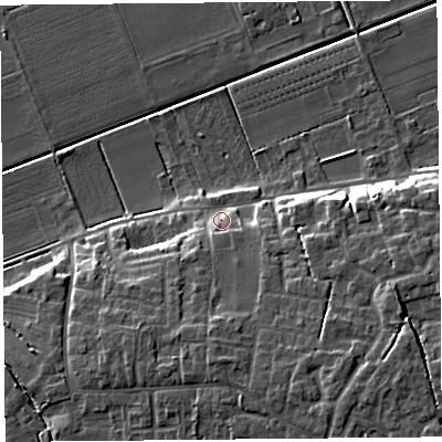 Shaded relief map of the ground around PR46RD, computed from Environment Agency LiDAR. The ground here sits at about 8 m above sea level and falls 11 m across the surrounding 800 m. Surface water reaching this point runs off ground lying to the south-south-east, 7.0 m higher.