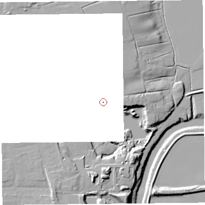 Shaded relief map of the ground around PR46RR, computed from Environment Agency LiDAR. and falls 18 m across the surrounding 800 m.