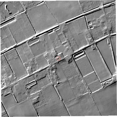 Shaded relief map of the ground around PR46XJ, computed from Environment Agency LiDAR. The ground here sits at about 9 m above sea level and falls 6 m across the surrounding 800 m. Surface water reaching this point runs off ground lying to the south, 0.9 m higher.
