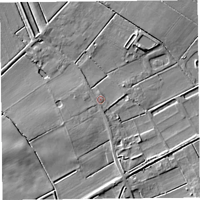 Shaded relief map of the ground around PR46XL, computed from Environment Agency LiDAR. The ground here sits at about 7 m above sea level and falls 6 m across the surrounding 800 m. Surface water reaching this point runs off ground lying to the south, 1.3 m higher.