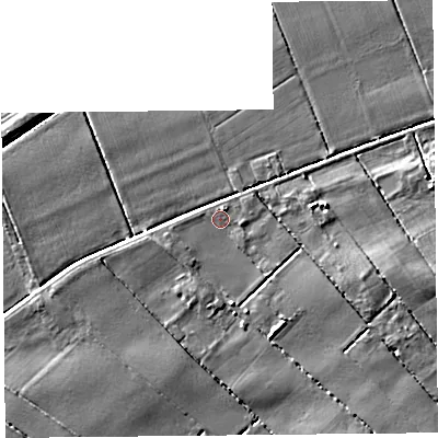Shaded relief map of the ground around PR46XP, computed from Environment Agency LiDAR. The ground here sits at about 5 m above sea level and falls 5 m across the surrounding 800 m. Surface water reaching this point runs off ground lying to the east-south-east, 2.5 m higher.