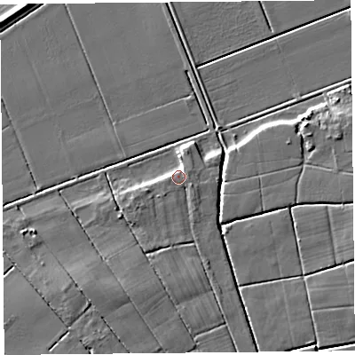 Shaded relief map of the ground around PR46XQ, computed from Environment Agency LiDAR. The ground here sits at about 7 m above sea level and falls 6 m across the surrounding 800 m. Surface water reaching this point runs off ground lying to the east, 2.8 m higher.