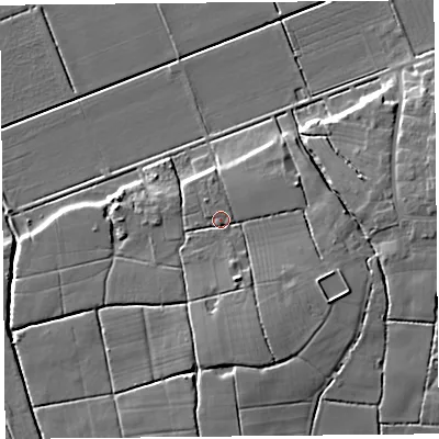 Shaded relief map of the ground around PR46XR, computed from Environment Agency LiDAR. The ground here sits at about 9 m above sea level and falls 9 m across the surrounding 800 m. Surface water reaching this point runs off ground lying to the south-east, 3.7 m higher.