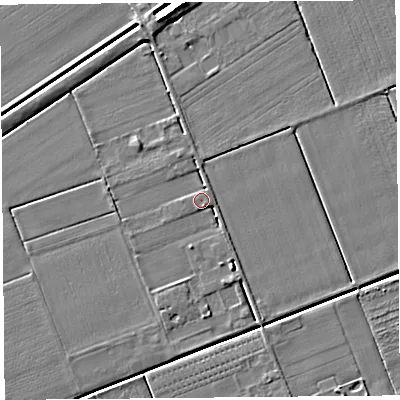 Shaded relief map of the ground around PR46XS, computed from Environment Agency LiDAR. The ground here sits at about 5 m above sea level and falls 5 m across the surrounding 800 m. Surface water reaching this point runs off ground lying to the south-south-east, 3.0 m higher.