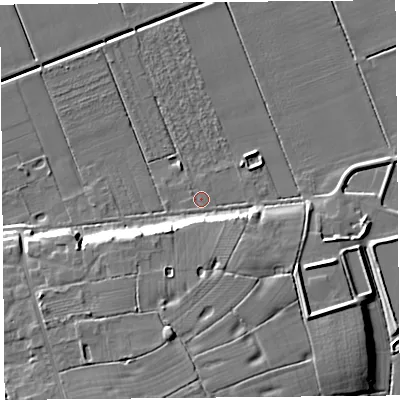 Shaded relief map of the ground around PR46XT, computed from Environment Agency LiDAR. The ground here sits at about 5 m above sea level and falls 14 m across the surrounding 800 m. Surface water reaching this point runs off ground lying to the south, 9.7 m higher.