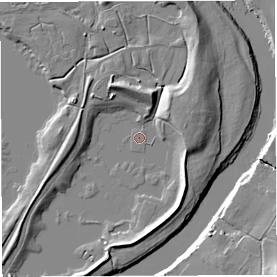 Shaded relief map of the ground around PR50AG, computed from Environment Agency LiDAR. The ground here sits at about 10 m above sea level and falls 15 m across the surrounding 800 m. Surface water reaching this point runs off ground lying to the north, 9.1 m higher.