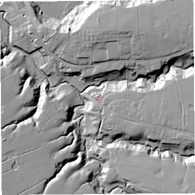 Shaded relief map of the ground around PR50LE, computed from Environment Agency LiDAR. The ground here sits at about 29 m above sea level and falls 29 m across the surrounding 800 m. Surface water reaching this point runs off ground lying to the east-south-east, 13.7 m higher.