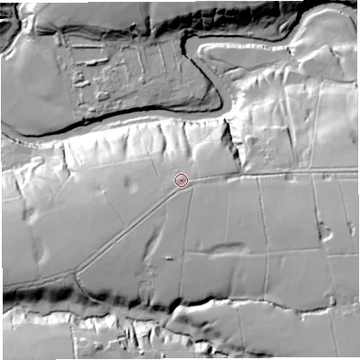 Shaded relief map of the ground around PR50RJ, computed from Environment Agency LiDAR. The ground here sits at about 61 m above sea level and falls 44 m across the surrounding 800 m. Surface water reaching this point runs off ground lying to the south, 1.7 m higher.