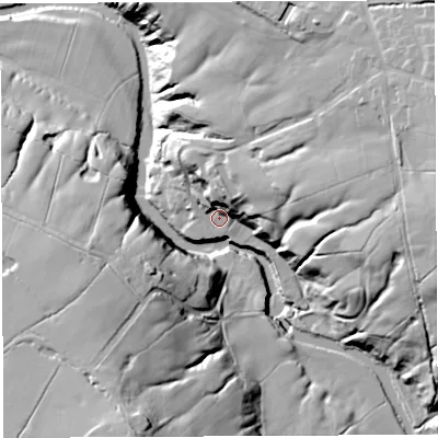 Shaded relief map of the ground around PR50RN, computed from Environment Agency LiDAR. The ground here sits at about 43 m above sea level and falls 59 m across the surrounding 800 m. Surface water reaching this point runs off ground lying to the east-north-east, 29.8 m higher.