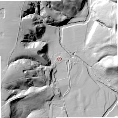 Shaded relief map of the ground around PR50SD, computed from Environment Agency LiDAR. The ground here sits at about 59 m above sea level and falls 58 m across the surrounding 800 m. Surface water reaching this point runs off ground lying to the south-west, 53.4 m higher.