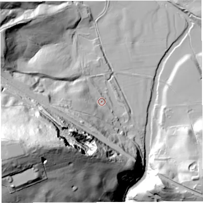 Shaded relief map of the ground around PR50SE, computed from Environment Agency LiDAR. The ground here sits at about 67 m above sea level and falls 124 m across the surrounding 800 m. Surface water reaching this point runs off ground lying to the south-west, 35.1 m higher.