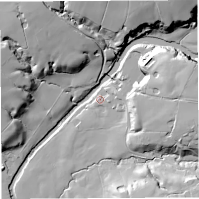 Shaded relief map of the ground around PR50UA, computed from Environment Agency LiDAR. The ground here sits at about 27 m above sea level and falls 35 m across the surrounding 800 m. Surface water reaching this point runs off ground lying to the east-south-east, 1.7 m higher.