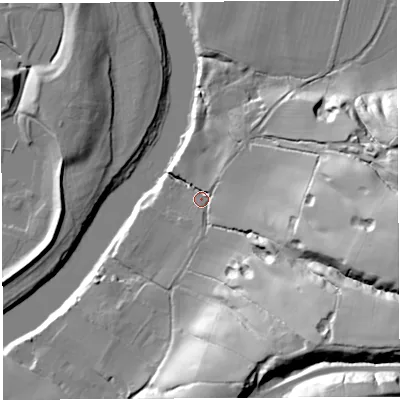 Shaded relief map of the ground around PR50UE, computed from Environment Agency LiDAR. The ground here sits at about 15 m above sea level and falls 47 m across the surrounding 800 m. Surface water reaching this point runs off ground lying to the south-east, 39.5 m higher.