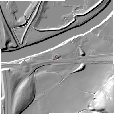 Shaded relief map of the ground around PR50UH, computed from Environment Agency LiDAR. The ground here sits at about 14 m above sea level and falls 45 m across the surrounding 800 m. Surface water reaching this point runs off ground lying to the east, 7.4 m higher.