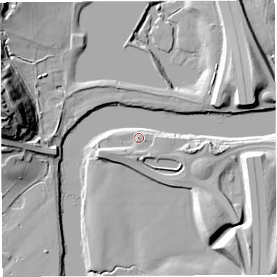 Shaded relief map of the ground around PR50UJ, computed from Environment Agency LiDAR. The ground here sits at about 12 m above sea level and falls 37 m across the surrounding 800 m. Surface water reaching this point runs off ground lying to the south-south-east, 2.2 m higher.