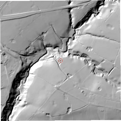 Shaded relief map of the ground around PR50UX, computed from Environment Agency LiDAR. The ground here sits at about 55 m above sea level and falls 38 m across the surrounding 800 m. Surface water reaching this point runs off ground lying to the south-south-east, 12.7 m higher.