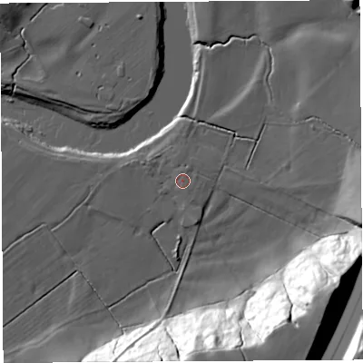 Shaded relief map of the ground around PR50XB, computed from Environment Agency LiDAR. The ground here sits at about 11 m above sea level and falls 42 m across the surrounding 800 m. The ground contributing surface water to this point lies to the south-south-east.