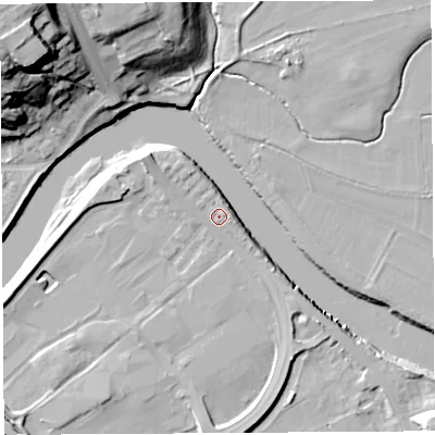 Shaded relief map of the ground around PR54AA, computed from Environment Agency LiDAR. The ground here sits at about 9 m above sea level and falls 34 m across the surrounding 800 m. Surface water reaching this point runs off ground lying to the north-west, 2.1 m higher.