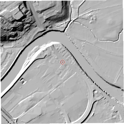 Shaded relief map of the ground around PR54AB, computed from Environment Agency LiDAR. The ground here sits at about 9 m above sea level and falls 34 m across the surrounding 800 m. Surface water reaching this point runs off ground lying to the north-west, 1.1 m higher.